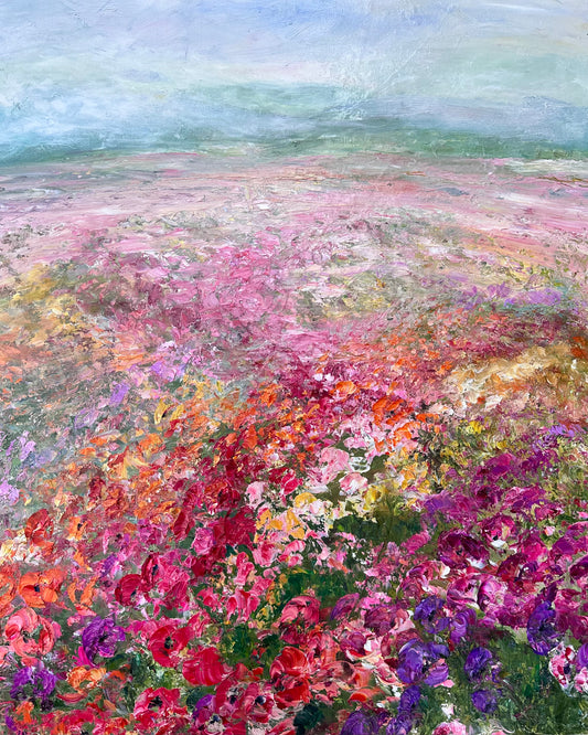 Pink Flower Field, Oil, 24" x 30"